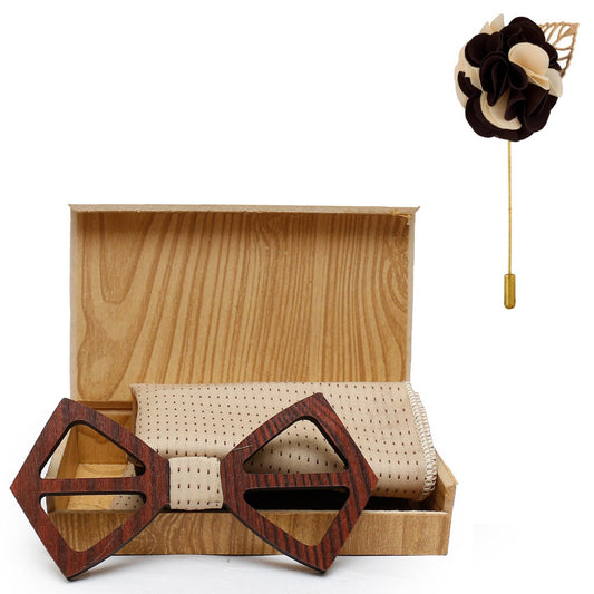 Hexagon Wooden Bow Tie With Pocket square and Lapel Pin