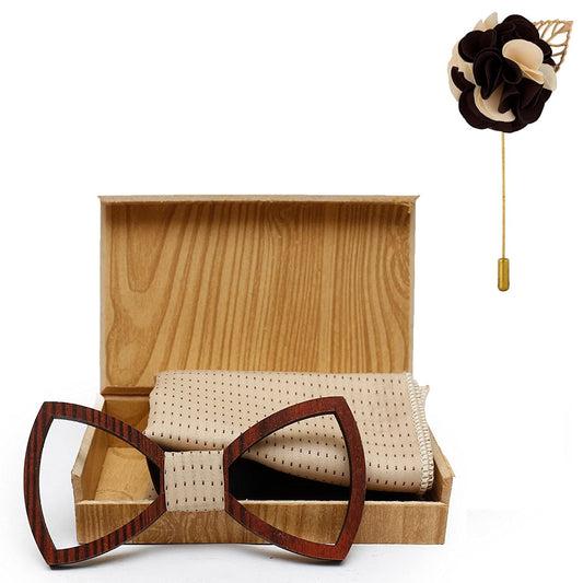 Conical Wooden Bow Tie With Pocket square and Lapel Pin