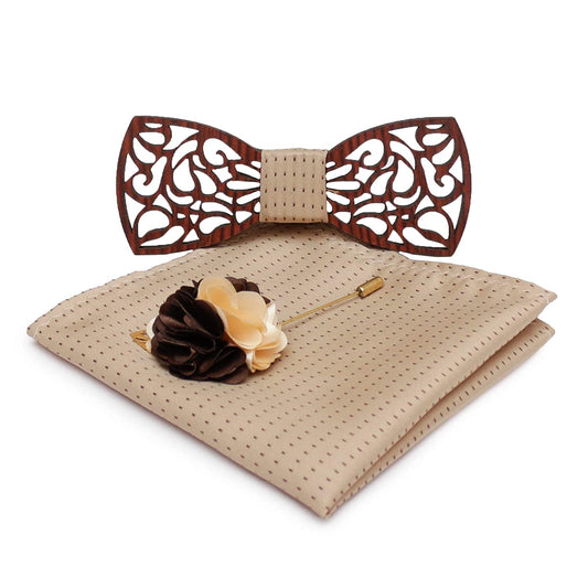 Floral Wooden Bow Tie With Pocket square and Lapel Pin