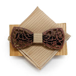Floral Wooden Bow Tie With Pocket square and Lapel Pin