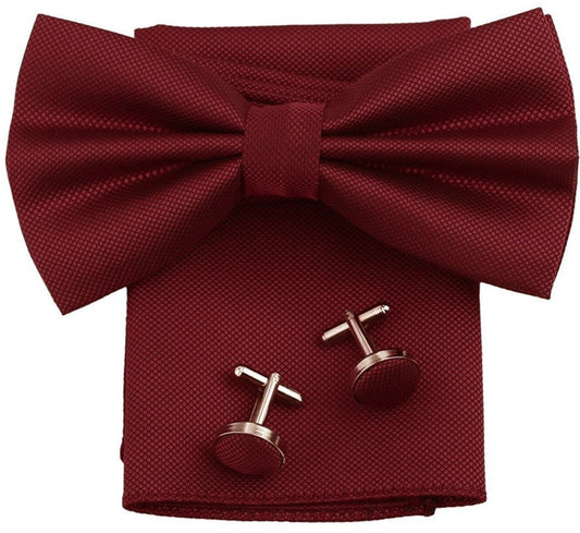 Maroon Bow Tie With Pocket Square and Cufflinks
