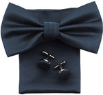 Navy Blue Bow Tie With Pocket Square and Cufflinks