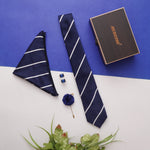 Blue Stripes Neck Tie, Cufflinks, Pocket Square And Lapel Pin Combo Gift Set