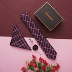Purple Check Neck Tie, Cufflinks, Pocket Square And Lapel Pin Combo Gift Set