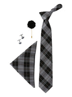 Black Check Neck Tie, Cufflinks, Pocket Square And Lapel Pin Combo Gift Set