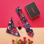 Navy Blue Floral Neck Tie, Cufflinks, Pocket Square And Lapel Pin Combo Gift Set