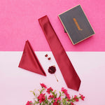 Maroon Tie, Necktie Cufflinks, Pocket Square And Lapel Pin Combo Gift Set